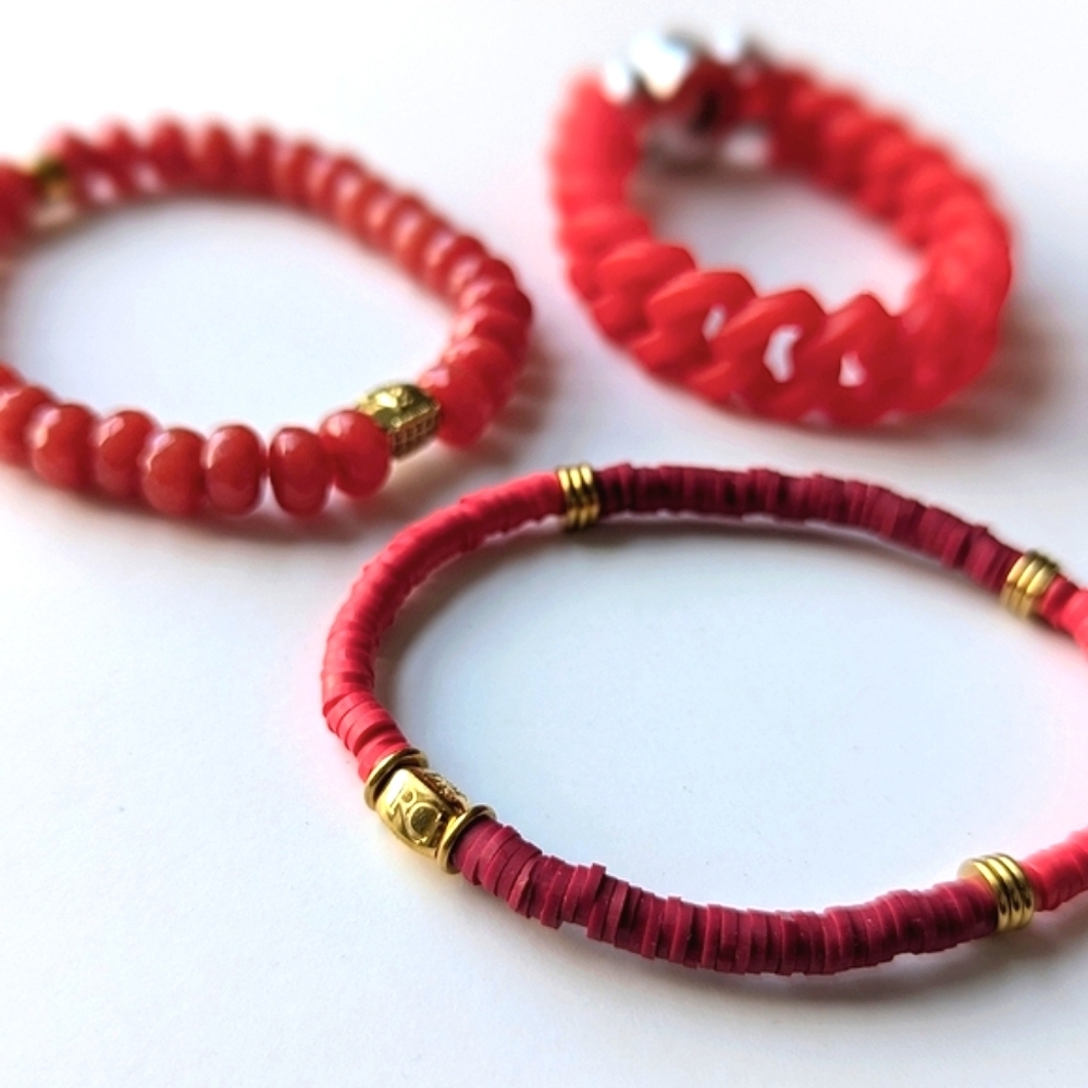 Rustic Cuff Set-3 Red Stacking Bracelets Silicone Links Polymer Clay Coral Beads - Picture 3 of 6